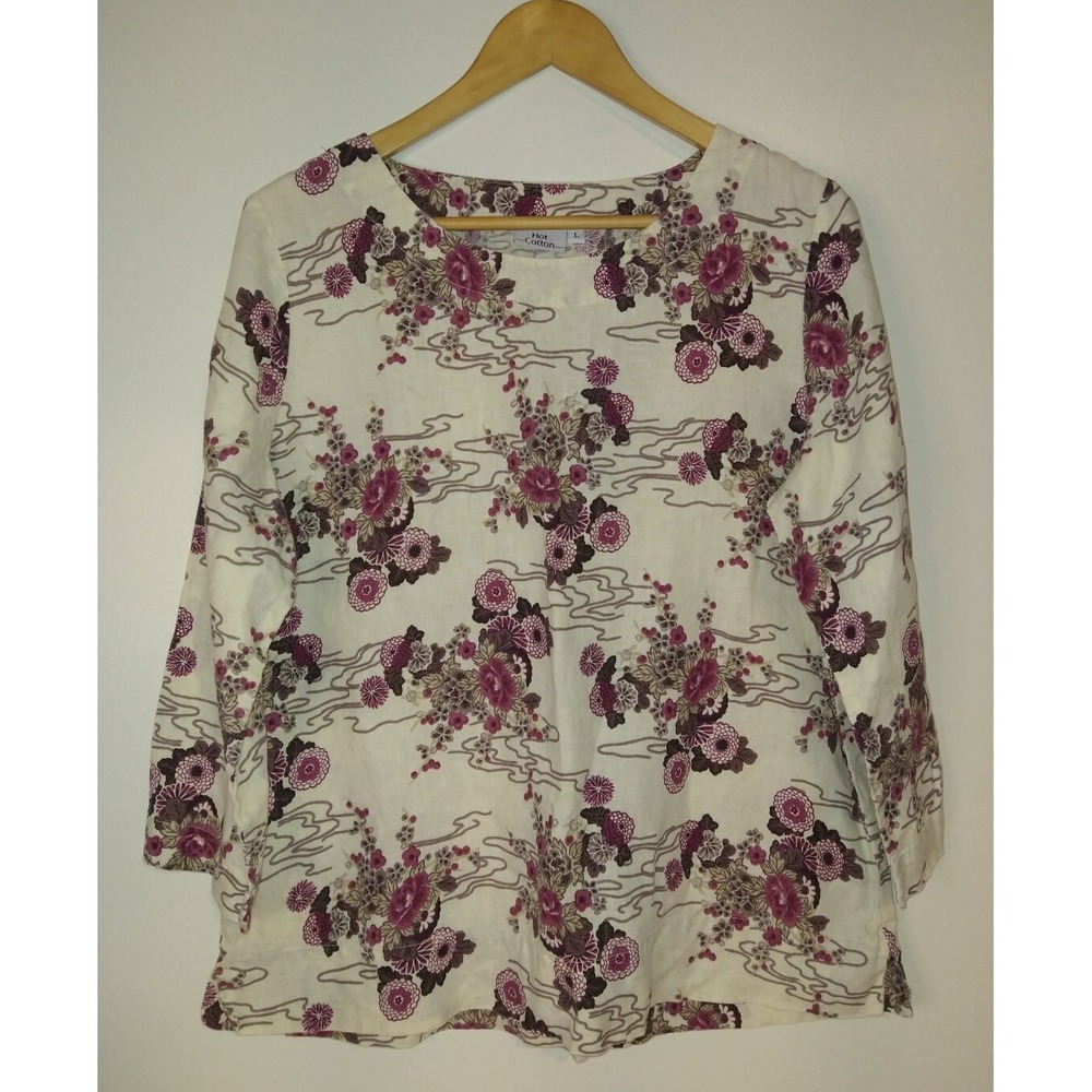 Hot Cotton Blouse 100% Linen Floral Pullover Top 3/4 Sleeves Lightweight USA